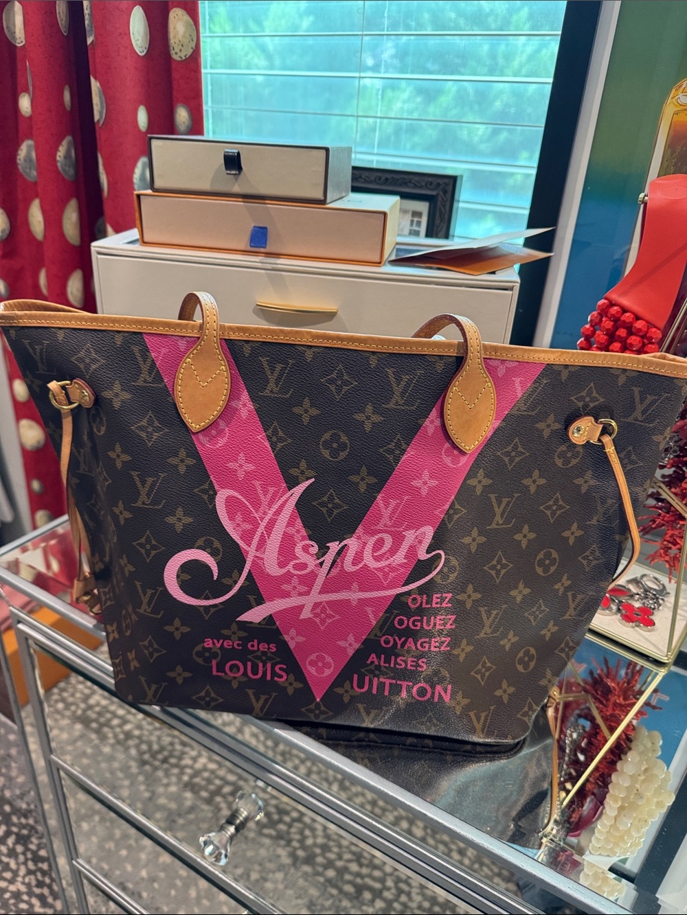 Louis Vuitton Monogram Tote with Pink V Aspen Graphic with small bag included.